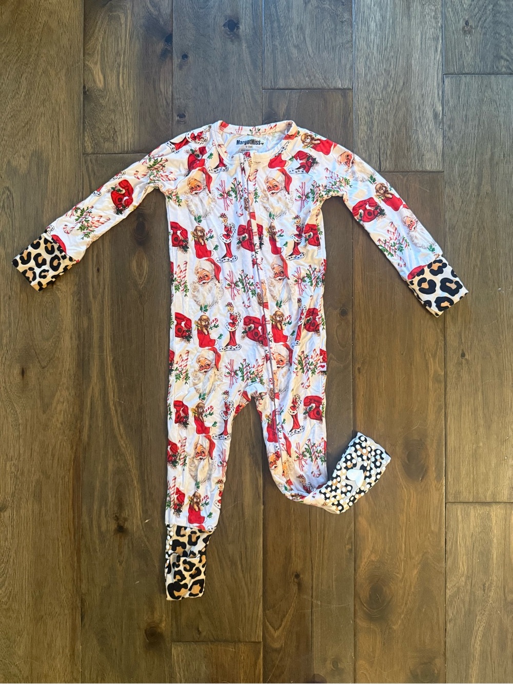 MargotMiss White & Red Santa Print Footie with Leopard Cuffs